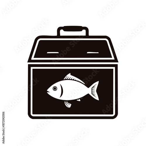 Fishing tackle box icon with a fish design, fishing equipment container, tackle box, black and white design