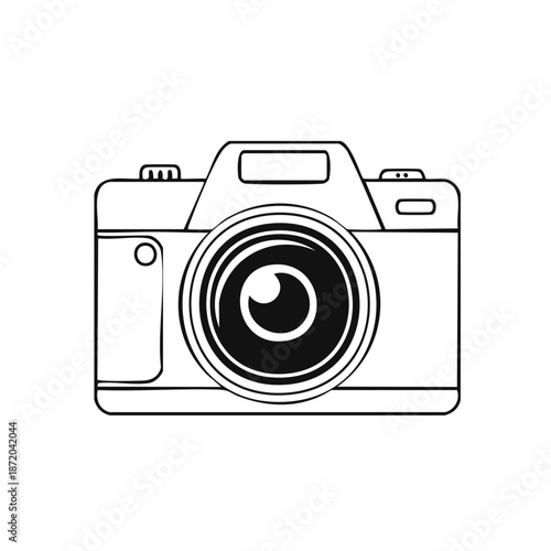 Camera illustration showing the photography equipment with an optic lens in detailed line art depicting a visual device for capturing still images