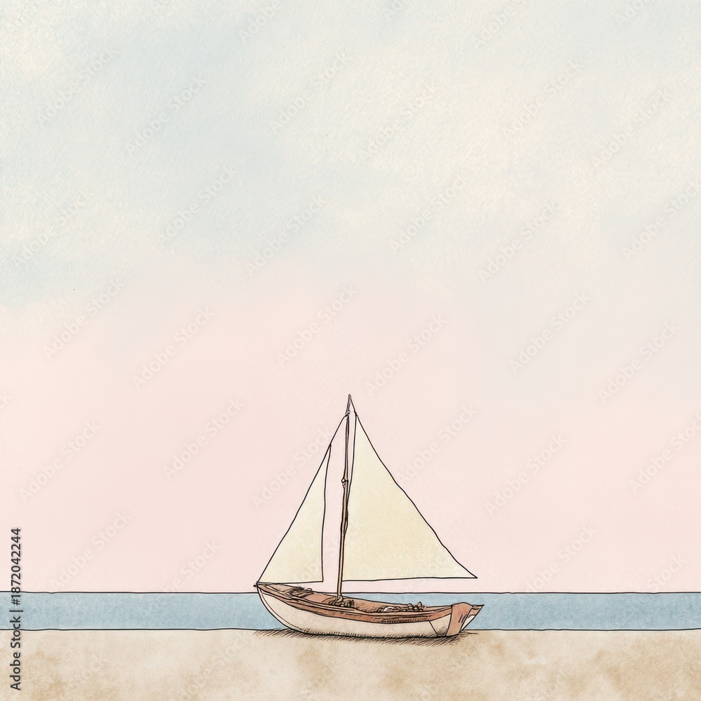 Fototapeta premium Sailboat on sandy beach under pastel sky