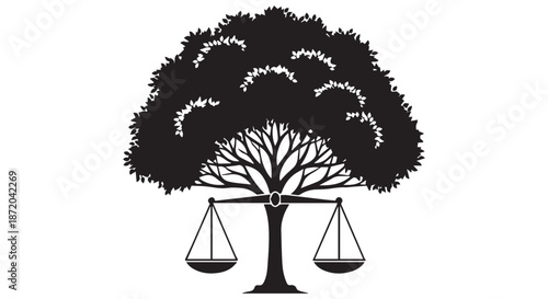 Tree of justice with scales and leaves, isolated on transparent background