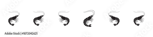 Six different black shrimp vector graphics various poses isolated on clean white backdrop