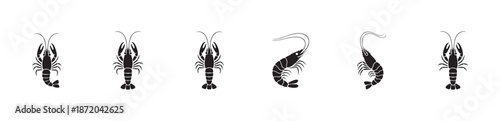 Set of six seafood icons featuring crawfish and various shrimp silhouettes for menus