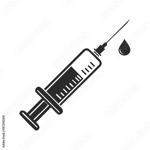 Vector image of hypodermic syringe with needle and liquid drop for injection