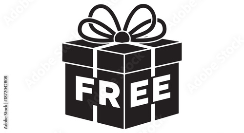 A black and white illustration of a gift box with the word free on it, isolated on transparent background