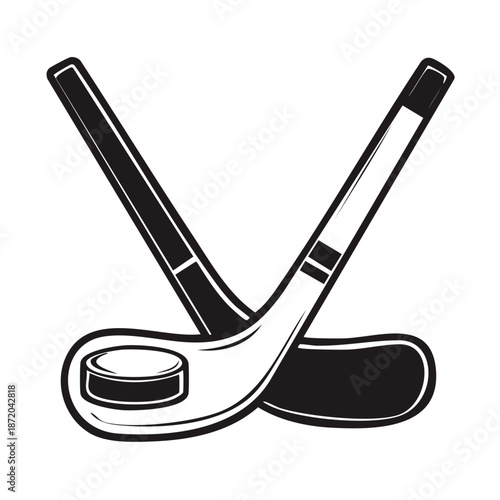 Crossed Hockey Sticks with Puck Emblem Depicting Action and Sport Enthusiasm, Featuring Retro Black and White Vector Illustration