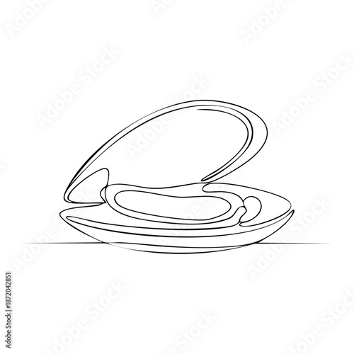 Elegant line art of an open mussel shell revealing its soft interior, drawn in a continuous, minimalist style on a stark white backdrop