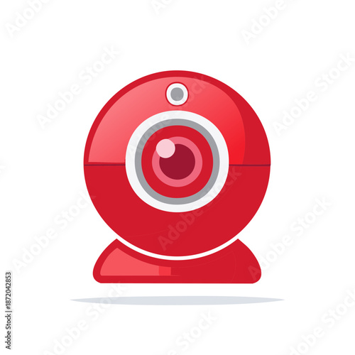 A red webcam icon with an eyeball lens and microphone for computer video communication on the internet and online conference calls