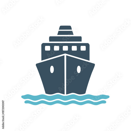 Cruise Ship Vector Icon: Front View Silhouette on Water, Marine Transport, Sea Voyage