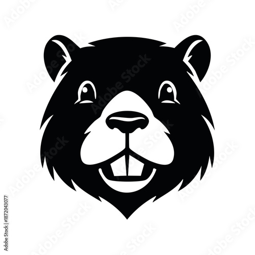 Black and white illustration of a beaver head with cheerful expression, vector illustration