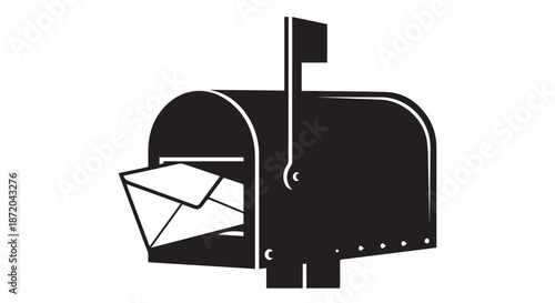 A black and white illustration of a mailbox with letters inside, isolated on transparent background