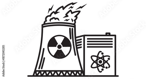 Nuclear power plant cooling tower with radiation symbol and atom icon isolated on transparent background