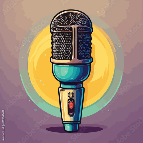 Vibrant Cartoon Microphone Illustration for Audio Recording and Broadcasting.