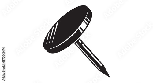 Black thumbtack with a pointed metal pin and a flat oval head, isolated on transparent background