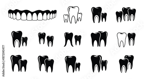 Collection of black and white tooth illustrations in various shapes and arrangements