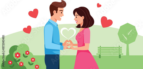 Man giving gift box to woman in green park