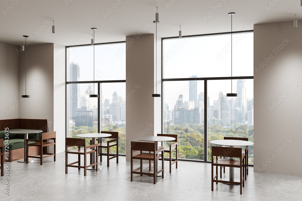 Fototapeta premium Modern cafe interior with minimalist wood furniture and panoramic city view through large windows in bright daylight setting. 3D Rendering