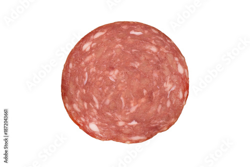 Smoked pork salami chorizo sausages slices isolated on white background. Raw smoked salami sausage isolated over white