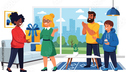 Happy family exchanging gifts in modern living room illustration