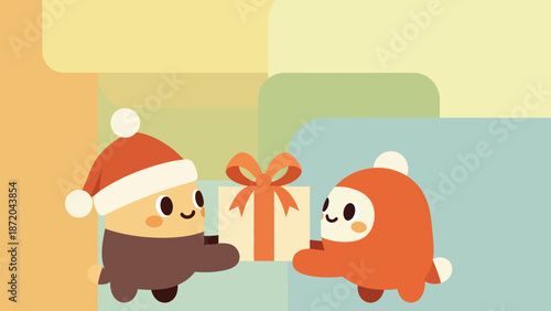 Cute winter creatures exchanging gift in snow