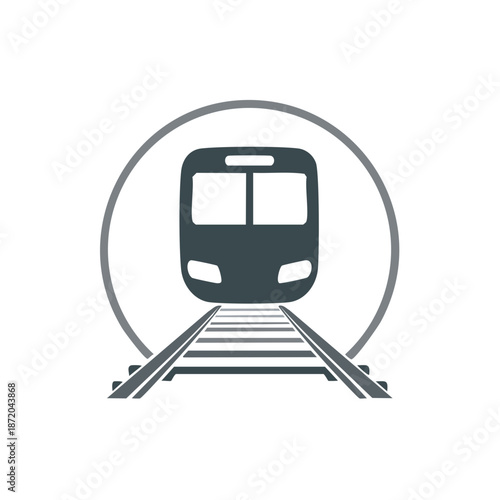 Train icon graphic shows railway track, front of train inside circle in simple design