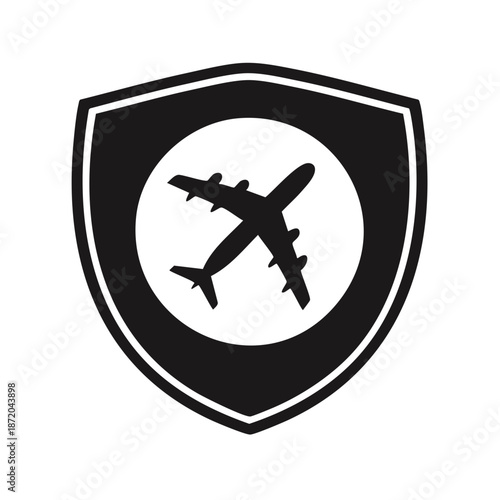 Airplane silhouette in a shield, representing travel protection, safety concept, and secure aviation illustration