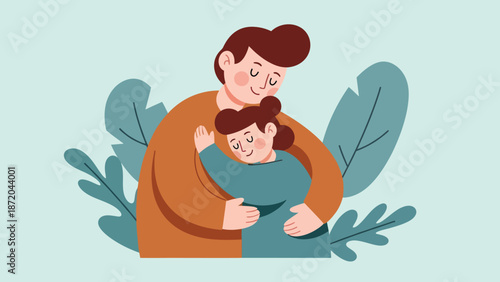 Father hugging son lovingly with nature leaves background