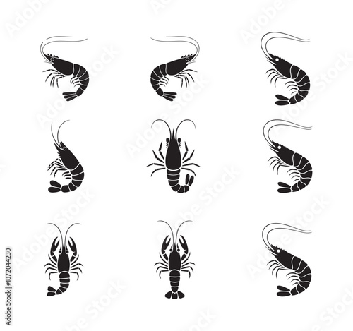 Nine black silhouette icons of shrimp crayfish and lobster in three rows for aquatic concept