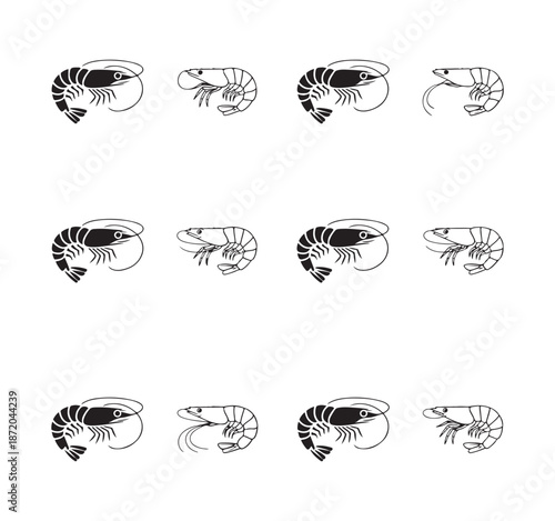 Shrimp silhouette and outline collection vector seafood icons set prawn shellfish design elements