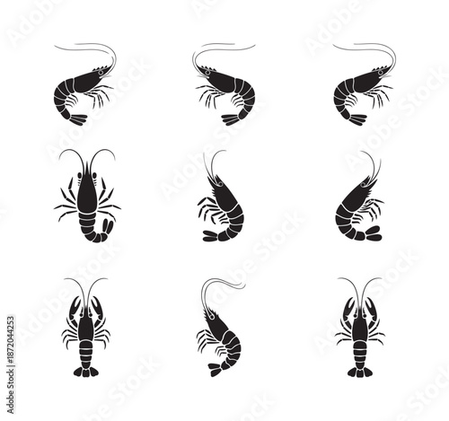 Shrimp icon set black silhouette vector prawn seafood symbol collection shellfish design elements