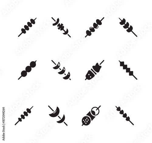 Grilled food skewers vector icon set. twelve delicious kebab symbols on a white background