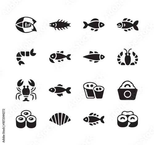 Marine food vector icon set. sixteen black and white fish and seafood symbols on a white background