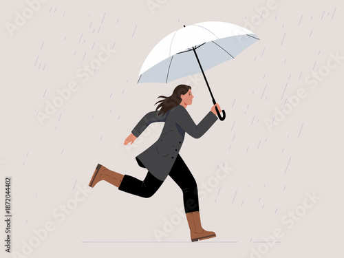 A woman in a coat and boots runs through the rain while holding an umbrella, showcasing resilience in adverse weather conditions and capturing a dynamic moment.