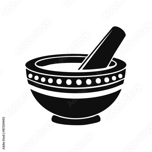 Mortar and pestle illustration Black and White Kitchen utensil icon Spice herbs grinding bowl apothecary tool