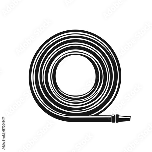 Monochrome Illustration of Rolled Up Garden Hose Pipe ready for Watering tasks and outdoor utility with a Nozzle at the end