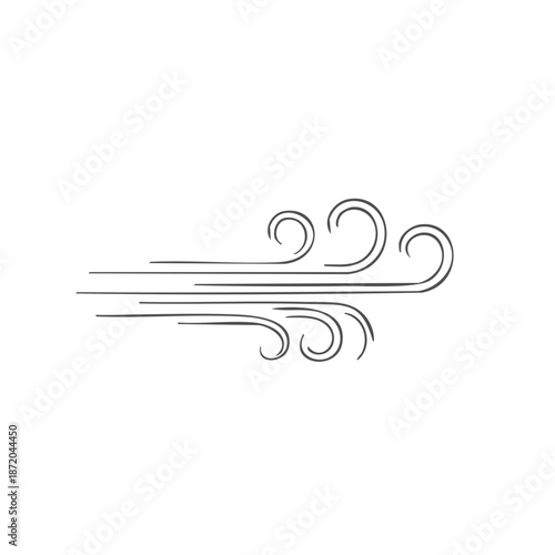 Illustration of a wind blowing horizontally with curved lines and swirls suggesting movement, symbolizing weather, nature, or the power of air
