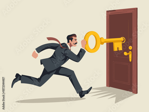 An animated portrayal of a man energetically rushing towards a door while holding an oversized key symbolizes opportunity, adventure, and determination in a playful manner.