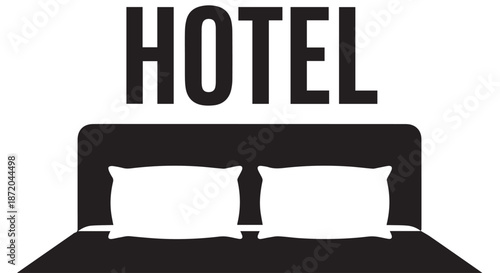 Hotel bed with two pillows and the word hotel above, isolated on transparent background