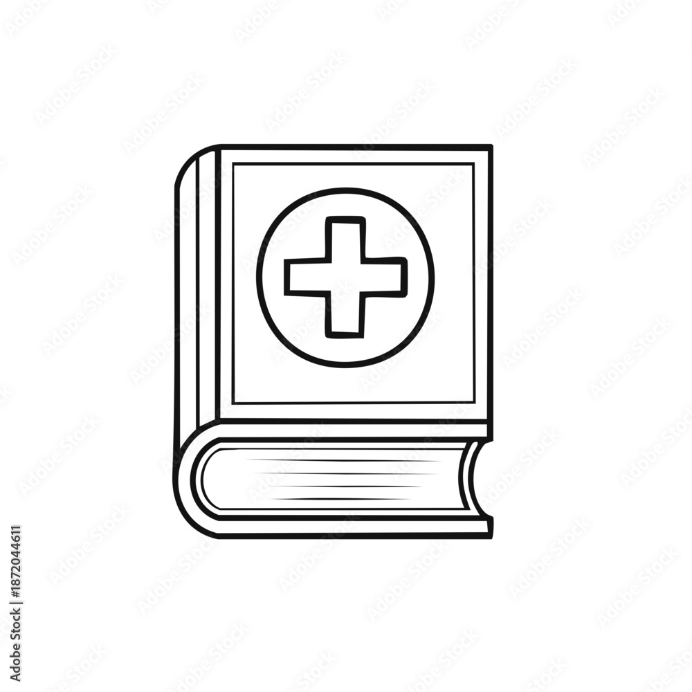 Obraz premium Medical guide book illustration on healthcare topic with a cross symbol on cover and white background