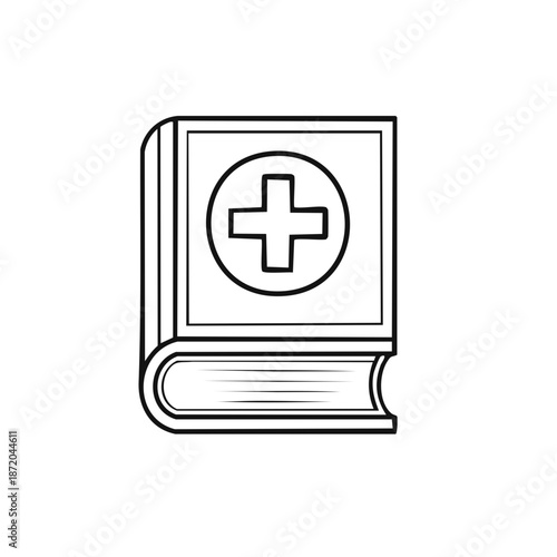Medical guide book illustration on healthcare topic with a cross symbol on cover and white background