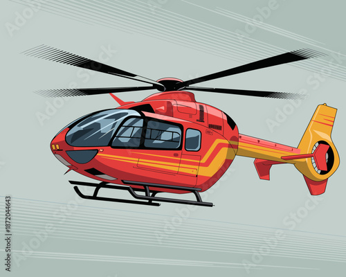 This vibrant illustration captures a dynamic red helicopter in flight, symbolizing adventure and the thrill of exploration while showcasing modern aviation technology.