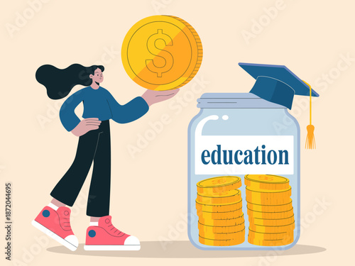This illustration features a woman holding a coin above a jar labeled 'education', symbolizing the importance of investing in education for a brighter future.