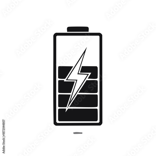 Black silhouette battery showing power capacity with a lightning bolt charge, low battery, energy symbol and indicator, charging symbol