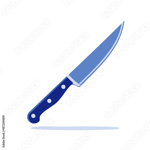 Vector illustration of a sharp, clean, blue kitchen knife ready for cutting and slicing food preparation for culinary activities on white.