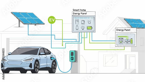 Electric Car Charging Station with Solar Panels and Smart Home Energy System.