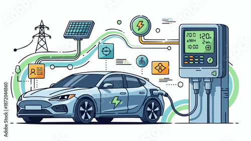 Electric Car Charging Station with Solar Power and Grid Connection.