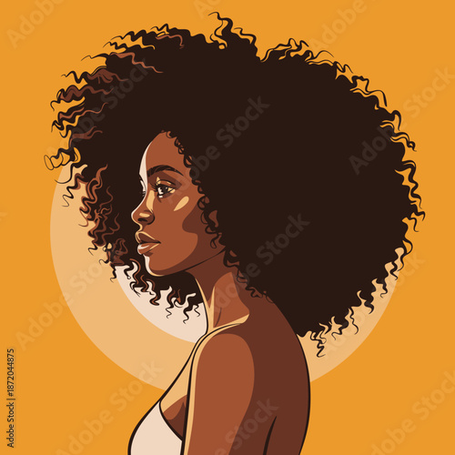 In this captivating illustration, a woman with a voluminous curly hairstyle is depicted against an orange background, celebrating beauty, confidence, and individuality.