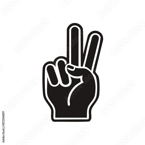 Black hand displaying a peace sign against a white background in simple flat design.