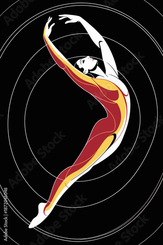 A graceful dancer captured in motion against a contrasting black background illustrates the expression of human emotion and artistry through elegant body language and form.