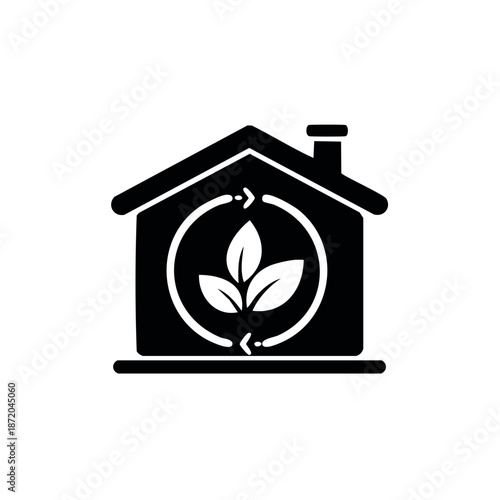 Eco-friendly dwelling illustration with recycling symbol promotes ecological house and sustainable living initiatives.