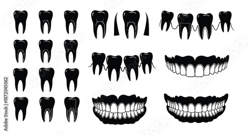Collection of black and white tooth illustrations in various shapes and arrangements